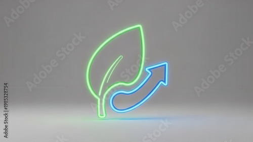 Luminous neon leaf and ascending arrow icon symbolizing ecological growth and environmental