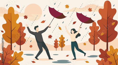 Joyful couple playing with inverted umbrellas in autumn rain and wind