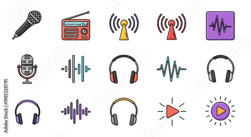 Audio Icons: Microphone, Radio, Headphones, Signal, Soundwaves