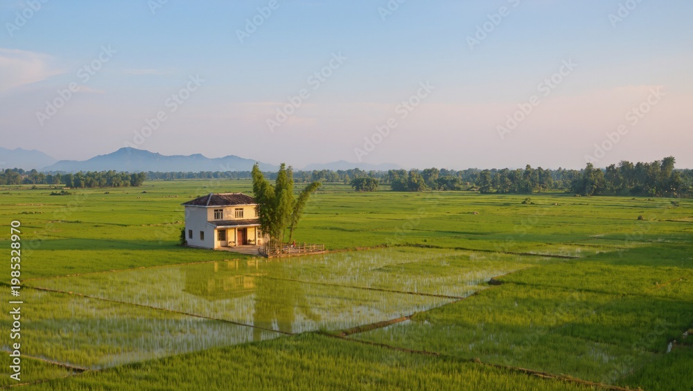 Fototapeta premium Vietnamese countryside with rice fields and small house, soft morning light, pastel tones, minimal composition