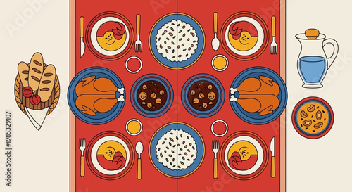Flat Design Dinner Banquet Illustration with Roasted Chicken, Rice, and Bread on Red Tablecloth.