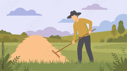 Illustration of a farmer raking hay in a vibrant green agricultural field.