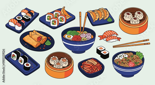 Asian Food Set Illustration: Sushi, Ramen, Dim Sum, and Gyoza in Colorful Line Art Style