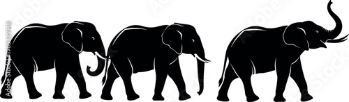 African Elephant Silhouettes Set in Walking and Trumpeting Poses for Wildlife Conservation Branding, Safari Travel Graphics, and African Nature Theme Vector Design Projects