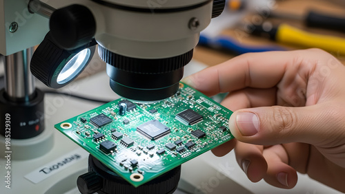 Technician inspecting a printed circuit board under a laboratory microscope.