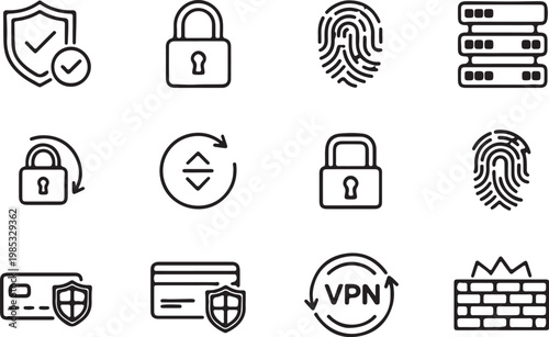 Collection of Security and Protection Icons including Padlock, Fingerprint, Shield, Credit Card, VPN, and Firewall