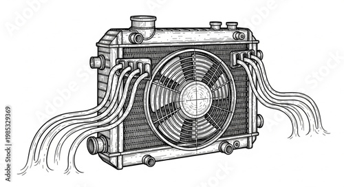 Vintage Engine Radiator With Cooling Fan Assembly.