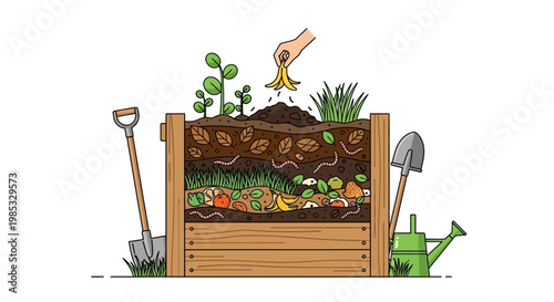 Illustration of a Compost Bin with Organic Waste and Gardening Tools