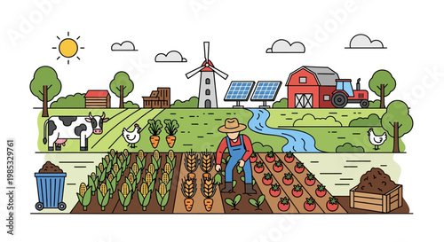 Colorful farm landscape illustration with farmer and renewable energy