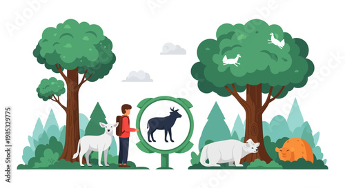 Man observing wildlife in a scenic forest with diverse animals