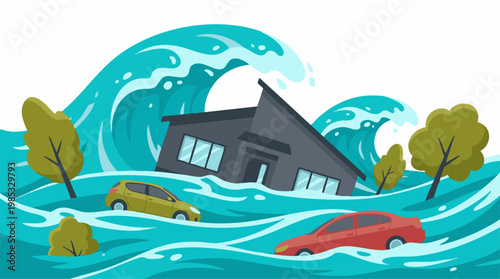 Massive flood or tsunami waves engulfing a house and cars, natural disaster