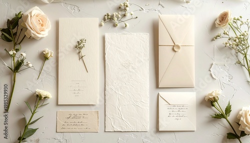 Vintage Letterpress Wedding Flat Lay. Classic letterpress invitation with textured paper and timeless romantic aesthetic.