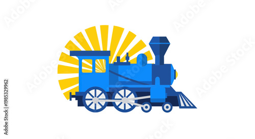 Vintage Blue Steam Locomotive Train with Sunburst Background
