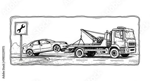 Tow truck transporting damaged sedan on flatbed for recovery.