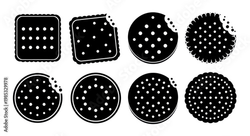 Black and White Cookie Icons: Square, Round, Bitten, Whole
