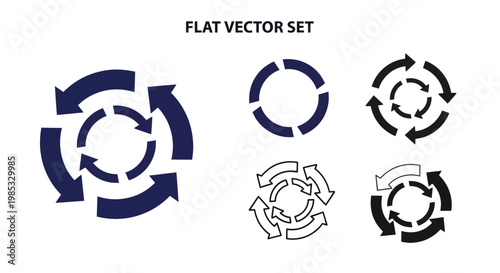 Circular Arrow Set: Flat Vector Icons for Process, Rotation, Recycling, and Flow