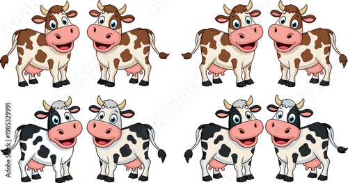 Set of Cute Spotted Cow Cartoon Characters in Brown and Black Colors for Dairy Farm Branding, Agriculture Education, Children Storybooks, and Rural Countryside Vector Design