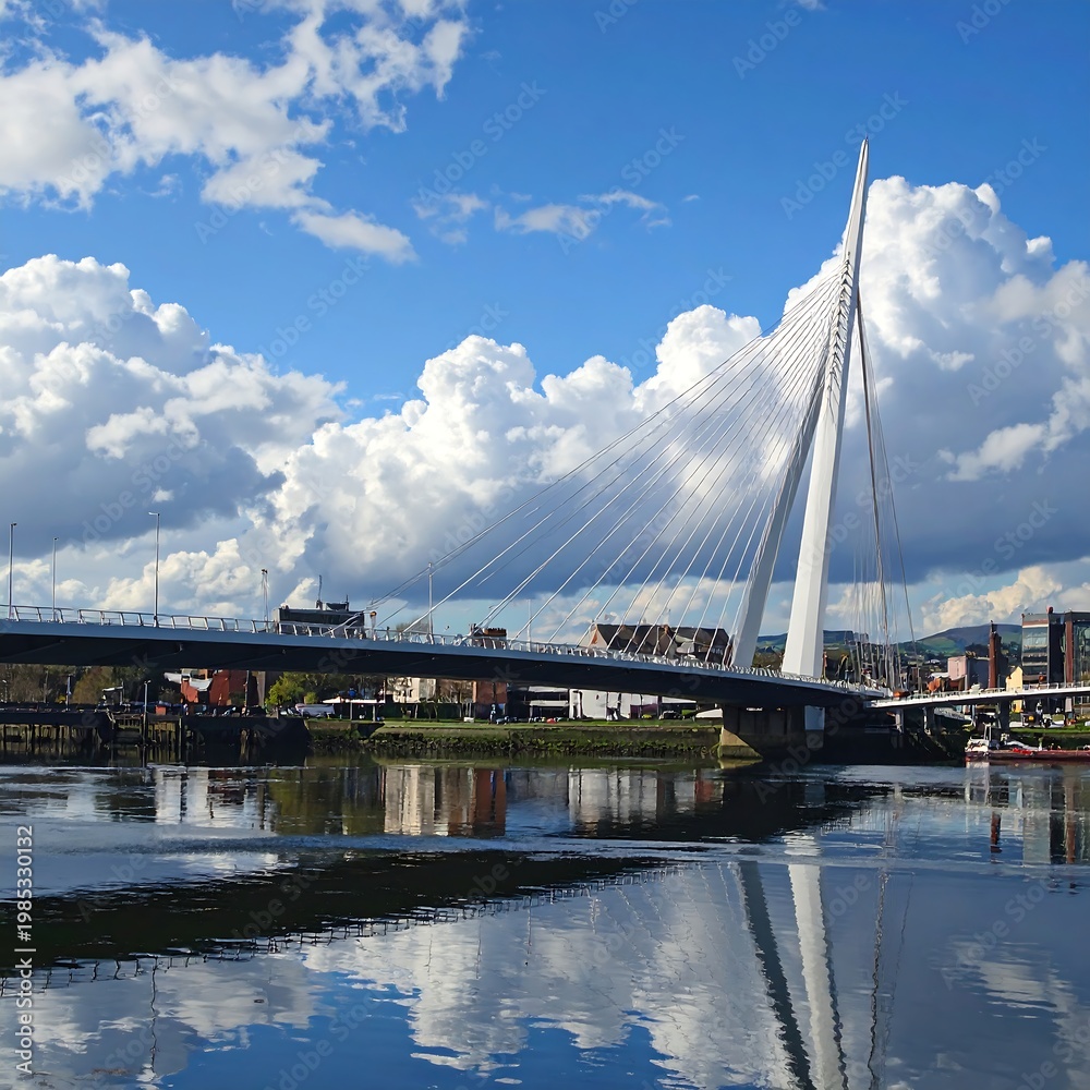 Obraz premium A large white cable-stayed bridge over a river with blue sky