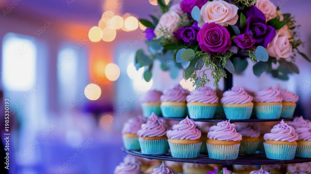 Fototapeta premium An alternative to a traditional cake that makes a huge visual impact. Hundreds of perfectly frosted cupcakes in coordinated colors
