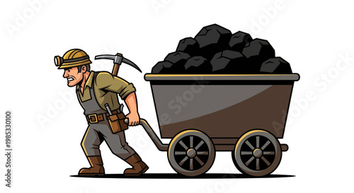 Miner Pushing Cart Full of Coal