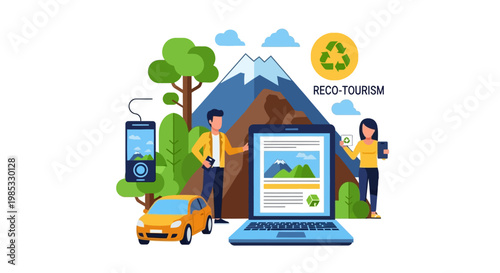 Eco tourism concept with laptop and nature elements in vector style