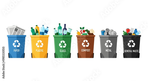 Colorful recycling bins for waste segregation with labeled categories