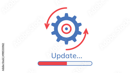 Illustration of a system update process with gear and progress bar Vector