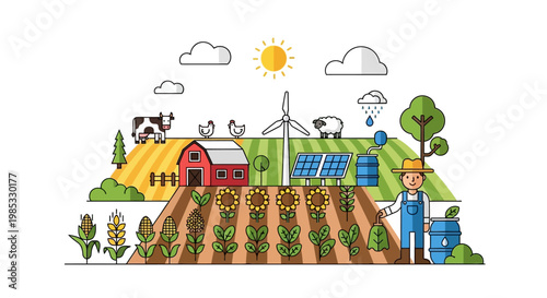 Vector illustration of sustainable farming with renewable energy elements