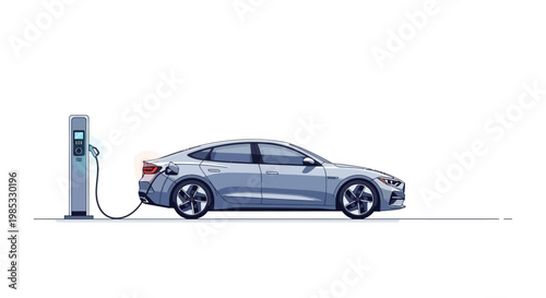 Electric car charging at station on white background illustration