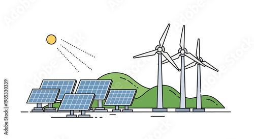Renewable energy concept with solar panels and wind turbines illustration