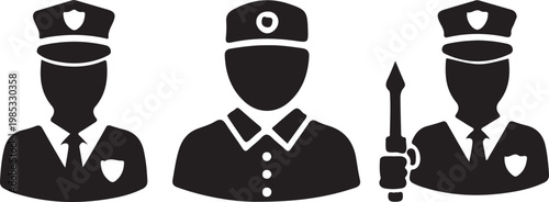 Three police officers in uniform with one holding a baton black silhouette