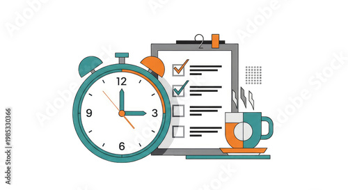 Time management concept with alarm clock, checklist and coffee cup
