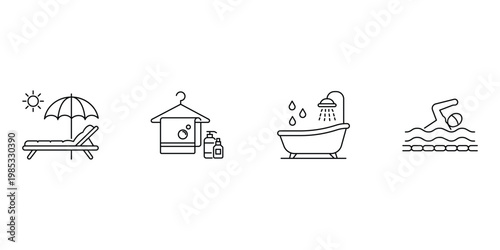 Summer vacation and hotel amenities icon vector illustration set including beach lounge chair bathtub and swimming person.