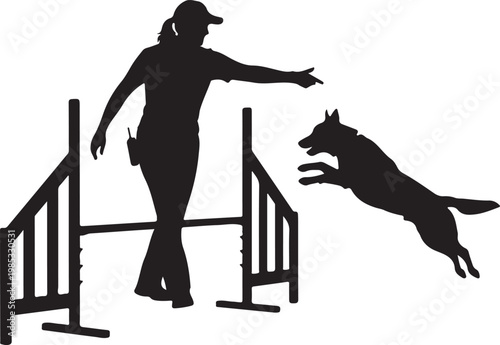 Woman guiding dog over hurdle in dog agility training dog jumping