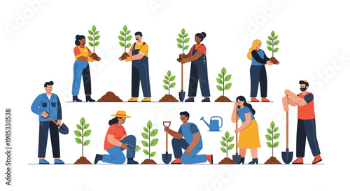Diverse group of people planting trees in a community garden