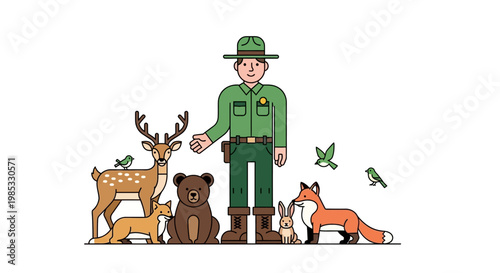 Park ranger surrounded by forest animals in vector illustration