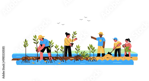 Group of diverse people planting trees in a community effort