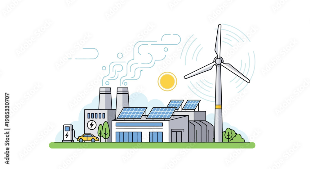 Fototapeta premium Eco-friendly power plant with solar panels and wind turbine
