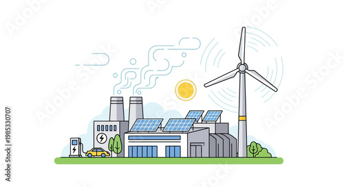Eco-friendly power plant with solar panels and wind turbine