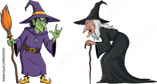 Spooky Halloween Witch and Old Hag Cartoon Characters with Broomstick and Cane for Scary Party Decorations, Horror Storybooks, and Gothic Seasonal Vector Illustration Designs