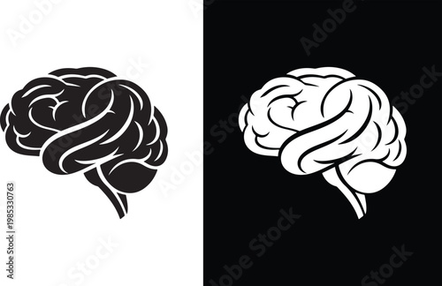 Black and white illustration of a human brain with thinking intelligence knowledge learning cognition illustration minimalist silhouette isolated background psychology creativity cerebrum