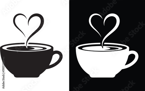 Black and white illustration of a coffee cup with heart steam beverage caffeine contrast illustration minimalist silhouette isolated background delicious fragrance