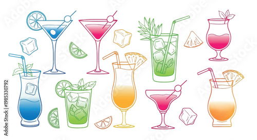 Colorful cocktail glasses, drink icons, vector illustrations, beverage set, 8 elements