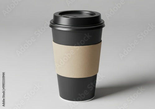 Black disposable coffee cup with cardboard sleeve on studio background for cafe branding mockup