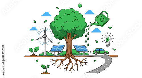 Eco-friendly illustration with tree, solar panels, and wind turbine