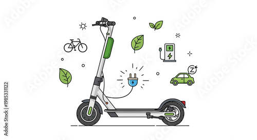 Electric scooter illustration with eco-friendly and sustainable transport icons