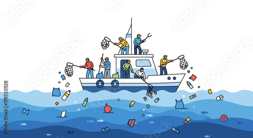 Team on boat cleaning ocean of plastic waste and pollution