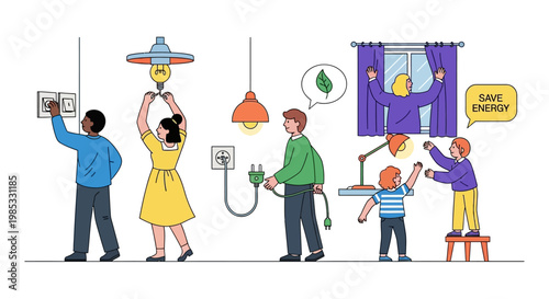 People practicing energy conservation at home with various methods