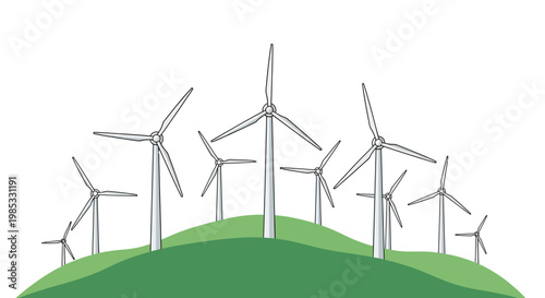 Wind turbines on green hills generating renewable energy