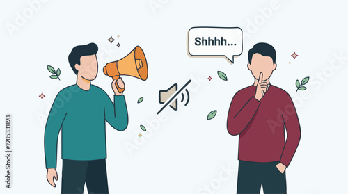 Man with megaphone and another person asking for silence, quiet concept